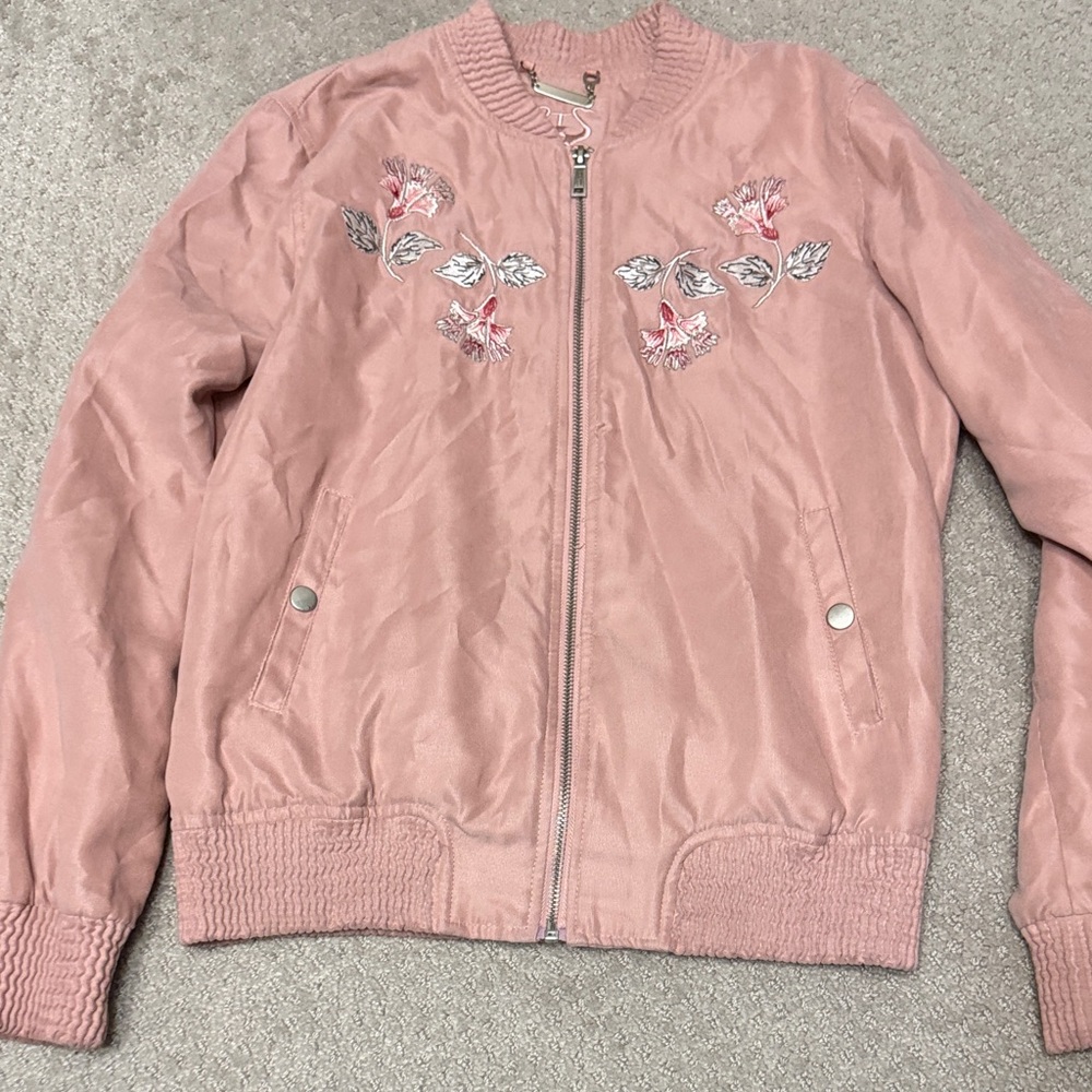 Odyn Pink Bomber Jacket with Embroidered Accents full zipper and pockets